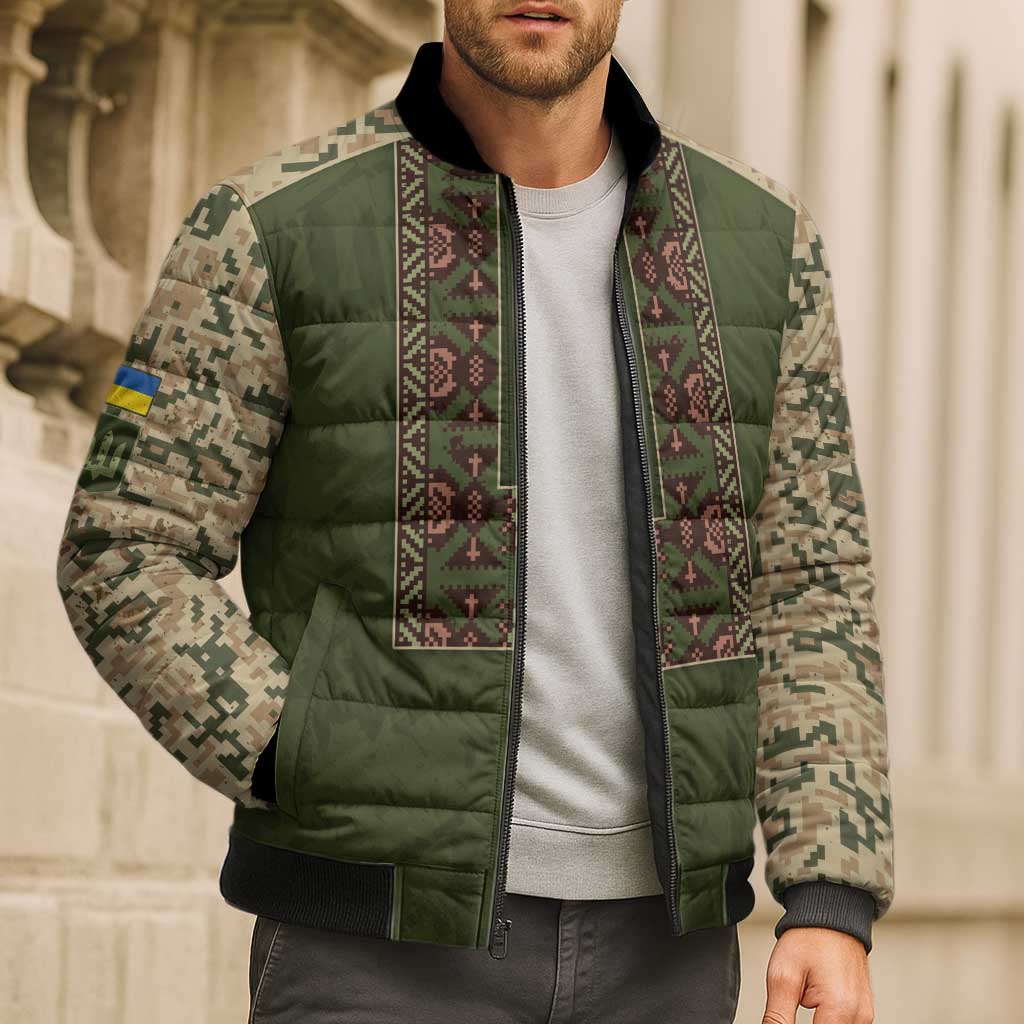 Personalized Ukraine Vyshyvanka Motif Bomber Puffer Jacket Ukrainian Military Style - Wonder Print Shop