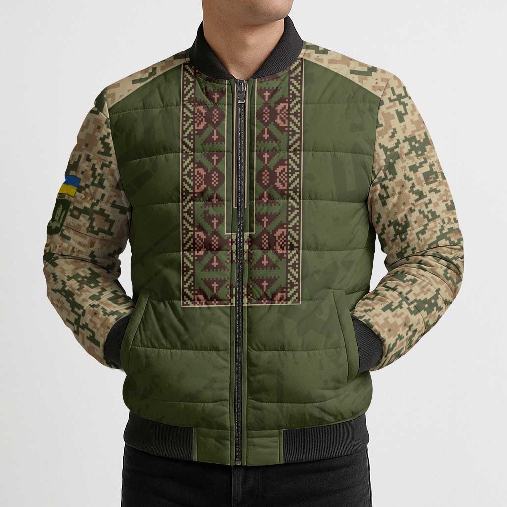Personalized Ukraine Vyshyvanka Motif Bomber Puffer Jacket Ukrainian Military Style - Wonder Print Shop