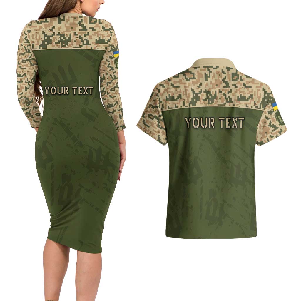 Personalized Ukraine Vyshyvanka Motif Couples Matching Long Sleeve Bodycon Dress and Hawaiian Shirt Ukrainian Military Style - Wonder Print Shop