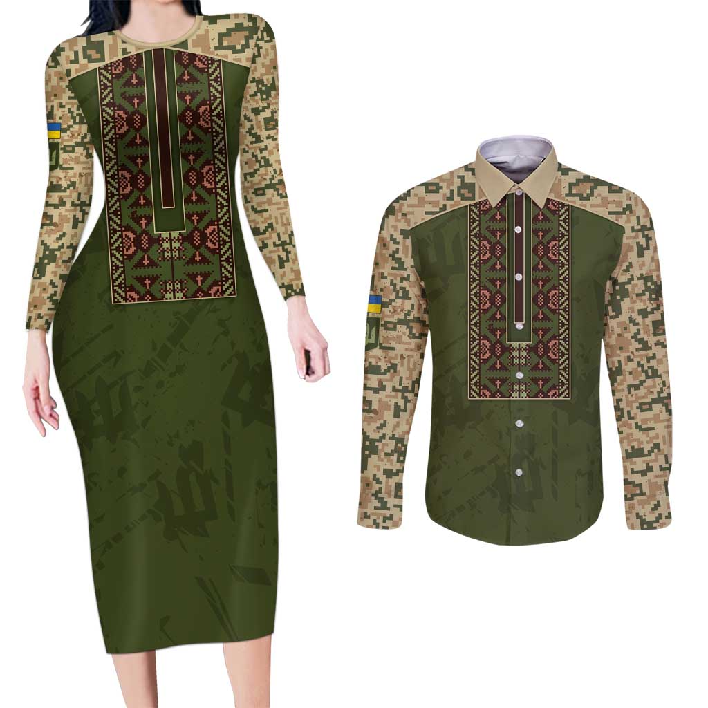 Personalized Ukraine Vyshyvanka Motif Couples Matching Long Sleeve Bodycon Dress and Long Sleeve Button Shirt Ukrainian Military Style - Wonder Print Shop