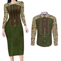 Personalized Ukraine Vyshyvanka Motif Couples Matching Long Sleeve Bodycon Dress and Long Sleeve Button Shirt Ukrainian Military Style - Wonder Print Shop