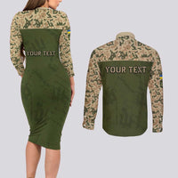 Personalized Ukraine Vyshyvanka Motif Couples Matching Long Sleeve Bodycon Dress and Long Sleeve Button Shirt Ukrainian Military Style - Wonder Print Shop