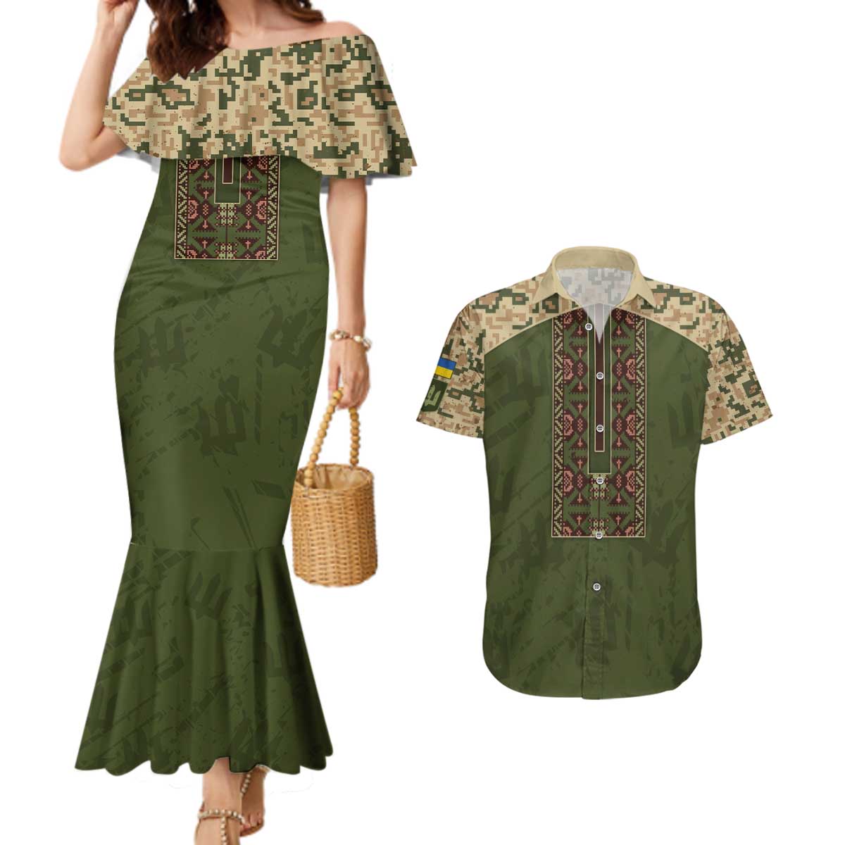 Personalized Ukraine Vyshyvanka Motif Couples Matching Mermaid Dress and Hawaiian Shirt Ukrainian Military Style - Wonder Print Shop