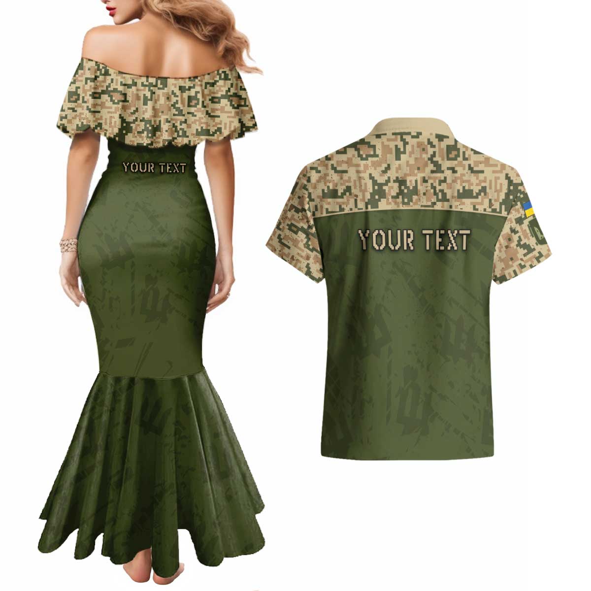 Personalized Ukraine Vyshyvanka Motif Couples Matching Mermaid Dress and Hawaiian Shirt Ukrainian Military Style - Wonder Print Shop