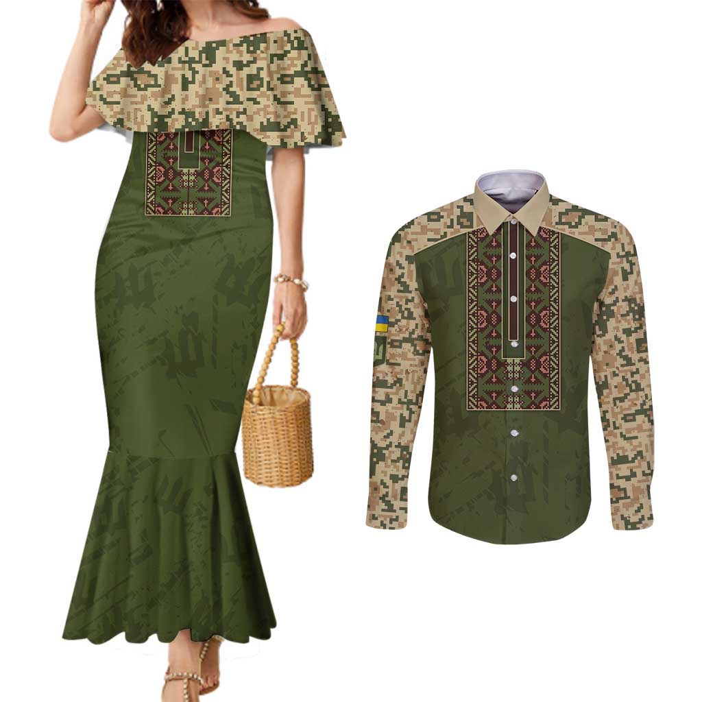 Personalized Ukraine Vyshyvanka Motif Couples Matching Mermaid Dress and Long Sleeve Button Shirt Ukrainian Military Style - Wonder Print Shop