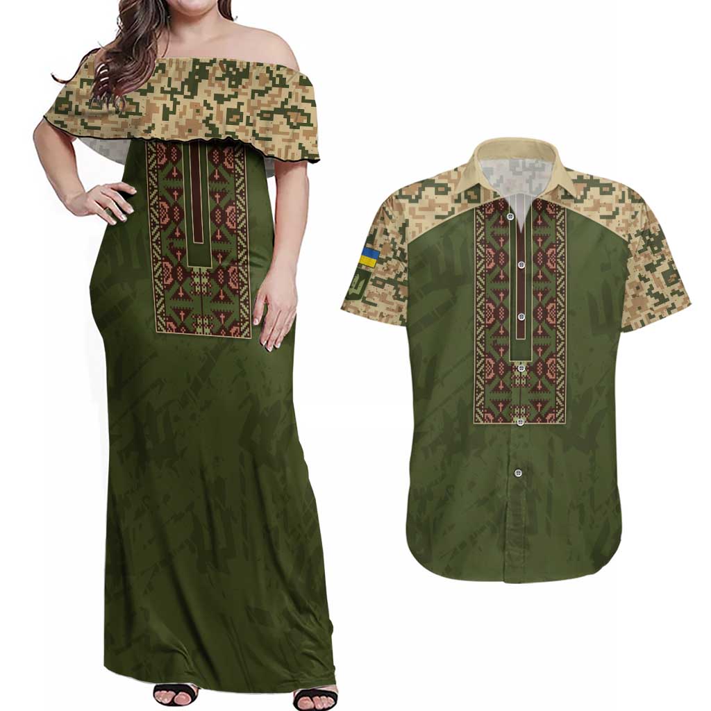 Personalized Ukraine Vyshyvanka Motif Couples Matching Off Shoulder Maxi Dress and Hawaiian Shirt Ukrainian Military Style - Wonder Print Shop