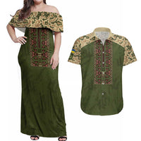 Personalized Ukraine Vyshyvanka Motif Couples Matching Off Shoulder Maxi Dress and Hawaiian Shirt Ukrainian Military Style - Wonder Print Shop