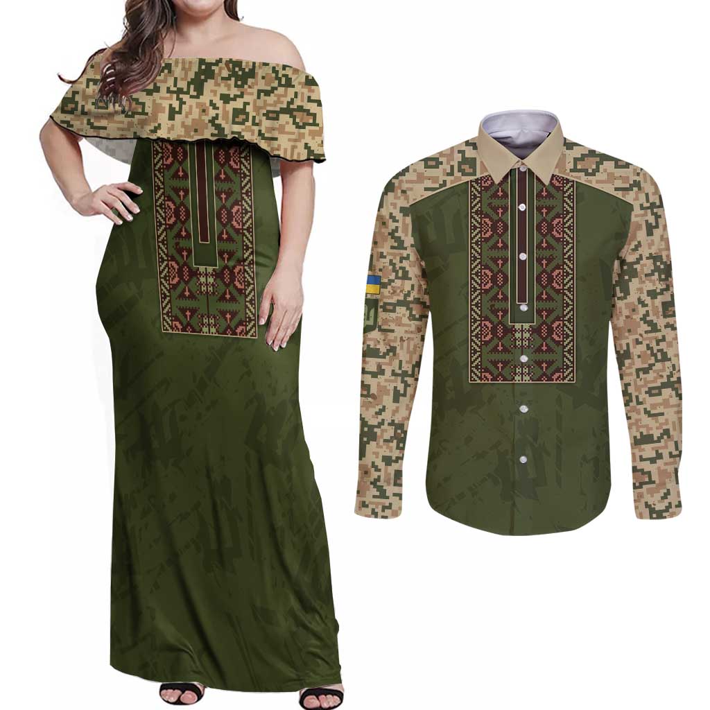 Personalized Ukraine Vyshyvanka Motif Couples Matching Off Shoulder Maxi Dress and Long Sleeve Button Shirt Ukrainian Military Style - Wonder Print Shop