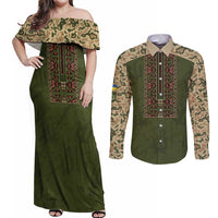 Personalized Ukraine Vyshyvanka Motif Couples Matching Off Shoulder Maxi Dress and Long Sleeve Button Shirt Ukrainian Military Style - Wonder Print Shop