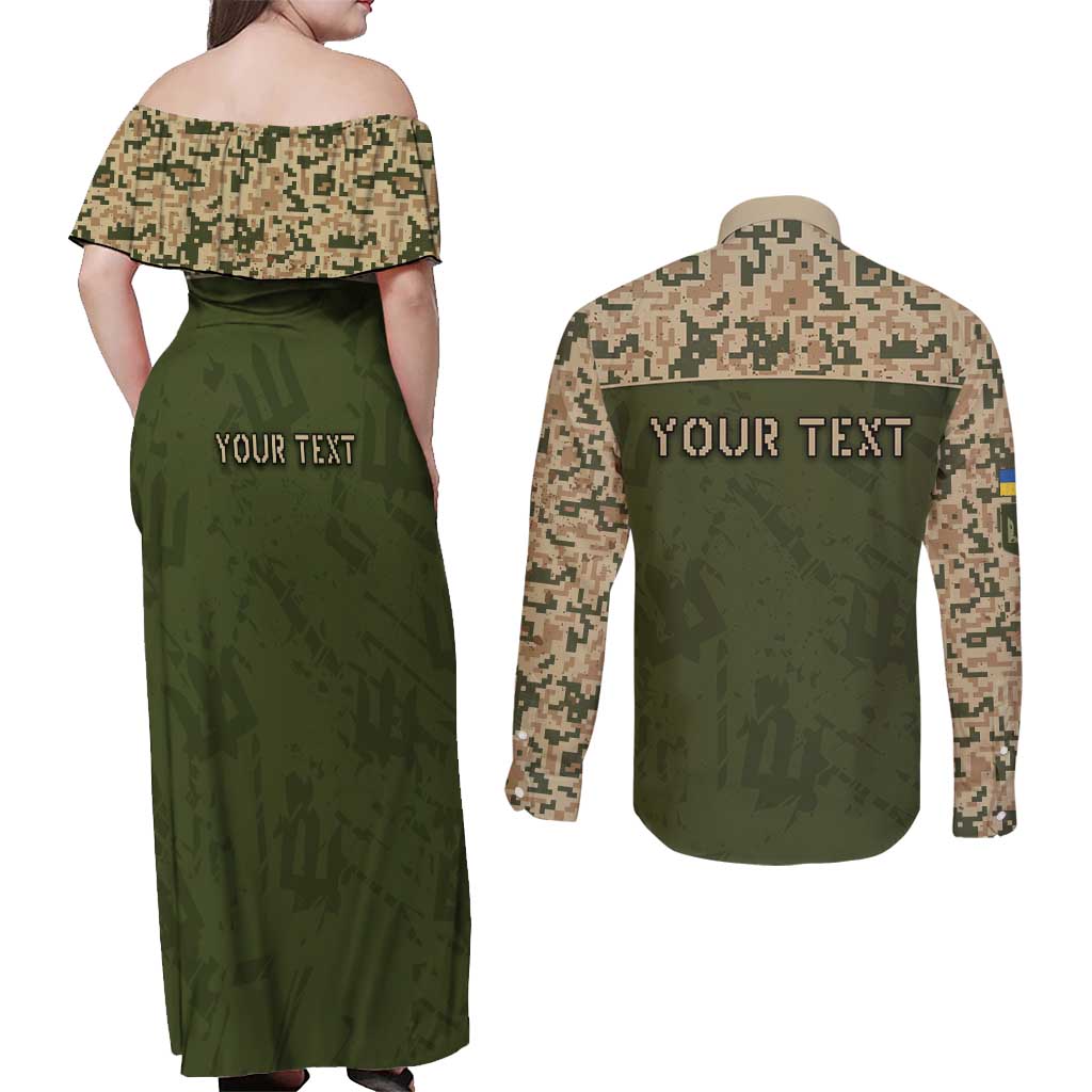 Personalized Ukraine Vyshyvanka Motif Couples Matching Off Shoulder Maxi Dress and Long Sleeve Button Shirt Ukrainian Military Style - Wonder Print Shop