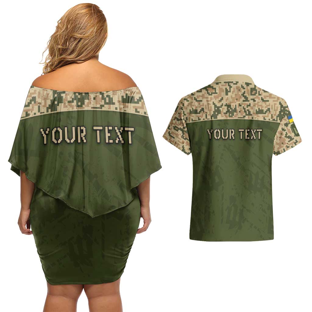 Personalized Ukraine Vyshyvanka Motif Couples Matching Off Shoulder Short Dress and Hawaiian Shirt Ukrainian Military Style - Wonder Print Shop