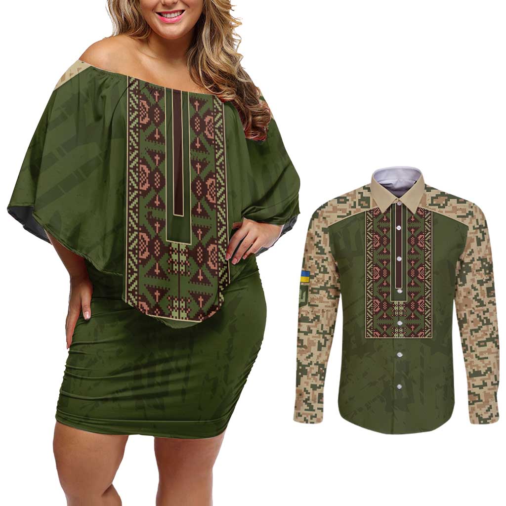 Personalized Ukraine Vyshyvanka Motif Couples Matching Off Shoulder Short Dress and Long Sleeve Button Shirt Ukrainian Military Style - Wonder Print Shop