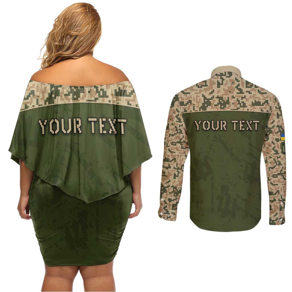 Personalized Ukraine Vyshyvanka Motif Couples Matching Off Shoulder Short Dress and Long Sleeve Button Shirt Ukrainian Military Style - Wonder Print Shop