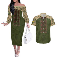 Personalized Ukraine Vyshyvanka Motif Couples Matching Off The Shoulder Long Sleeve Dress and Hawaiian Shirt Ukrainian Military Style - Wonder Print Shop