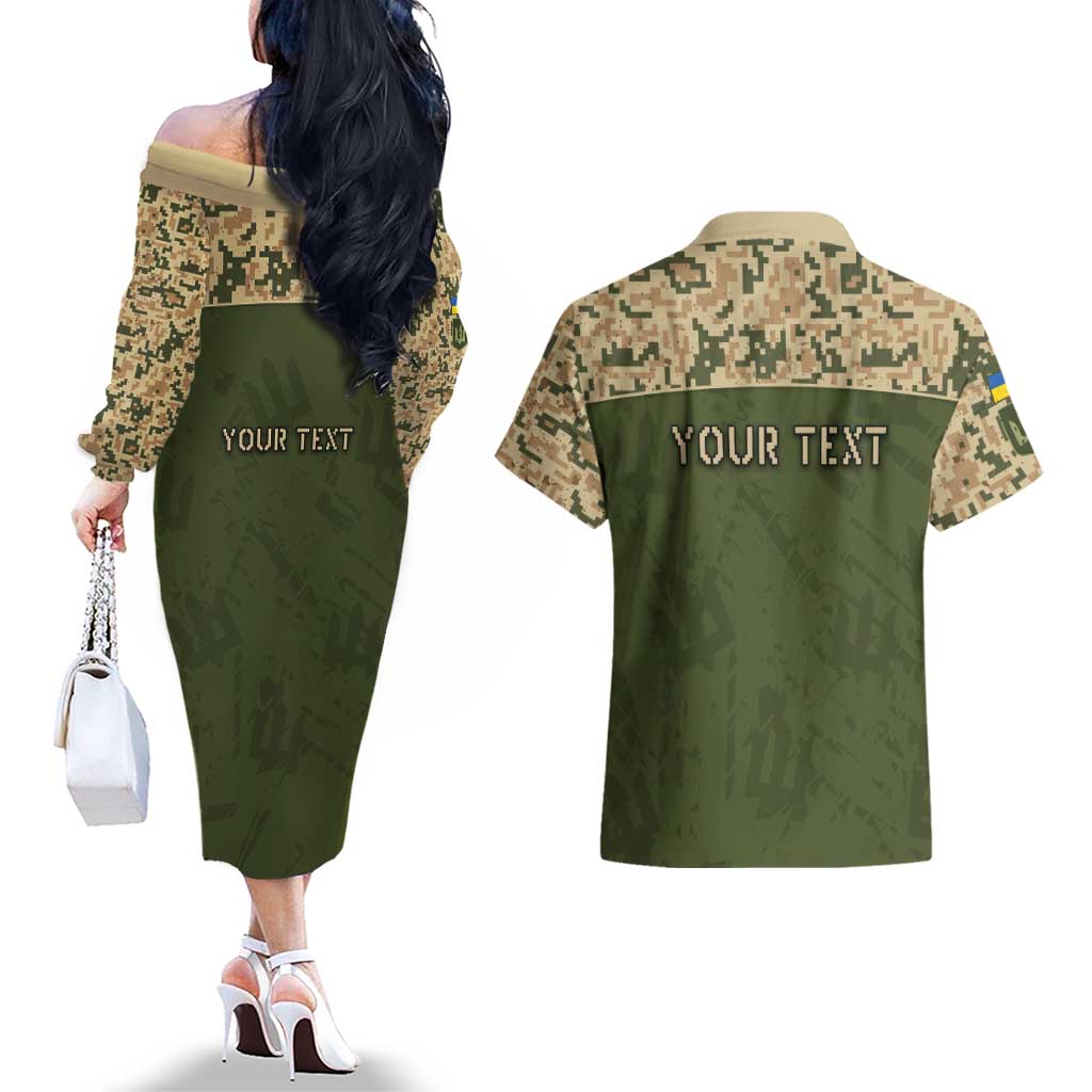 Personalized Ukraine Vyshyvanka Motif Couples Matching Off The Shoulder Long Sleeve Dress and Hawaiian Shirt Ukrainian Military Style - Wonder Print Shop