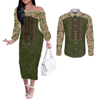 Personalized Ukraine Vyshyvanka Motif Couples Matching Off The Shoulder Long Sleeve Dress and Long Sleeve Button Shirt Ukrainian Military Style - Wonder Print Shop