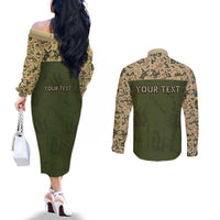 Personalized Ukraine Vyshyvanka Motif Couples Matching Off The Shoulder Long Sleeve Dress and Long Sleeve Button Shirt Ukrainian Military Style - Wonder Print Shop