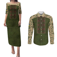 Personalized Ukraine Vyshyvanka Motif Couples Matching Puletasi and Long Sleeve Button Shirt Ukrainian Military Style - Wonder Print Shop