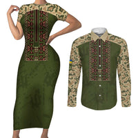 Personalized Ukraine Vyshyvanka Motif Couples Matching Short Sleeve Bodycon Dress and Long Sleeve Button Shirt Ukrainian Military Style - Wonder Print Shop