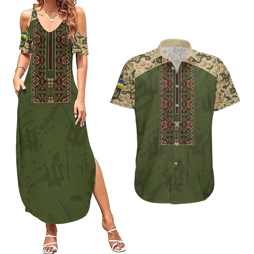 Personalized Ukraine Vyshyvanka Motif Couples Matching Summer Maxi Dress and Hawaiian Shirt Ukrainian Military Style - Wonder Print Shop