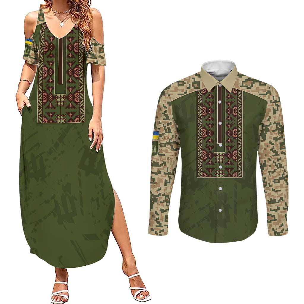 Personalized Ukraine Vyshyvanka Motif Couples Matching Summer Maxi Dress and Long Sleeve Button Shirt Ukrainian Military Style - Wonder Print Shop