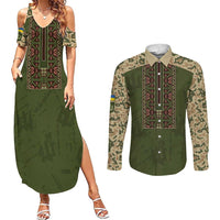Personalized Ukraine Vyshyvanka Motif Couples Matching Summer Maxi Dress and Long Sleeve Button Shirt Ukrainian Military Style - Wonder Print Shop