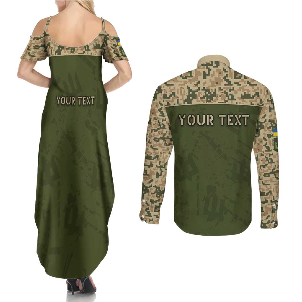 Personalized Ukraine Vyshyvanka Motif Couples Matching Summer Maxi Dress and Long Sleeve Button Shirt Ukrainian Military Style - Wonder Print Shop