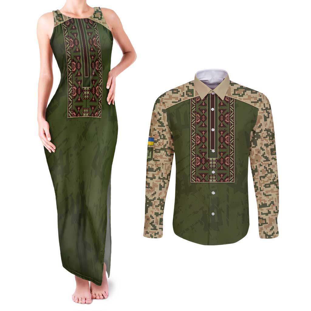 Personalized Ukraine Vyshyvanka Motif Couples Matching Tank Maxi Dress and Long Sleeve Button Shirt Ukrainian Military Style - Wonder Print Shop
