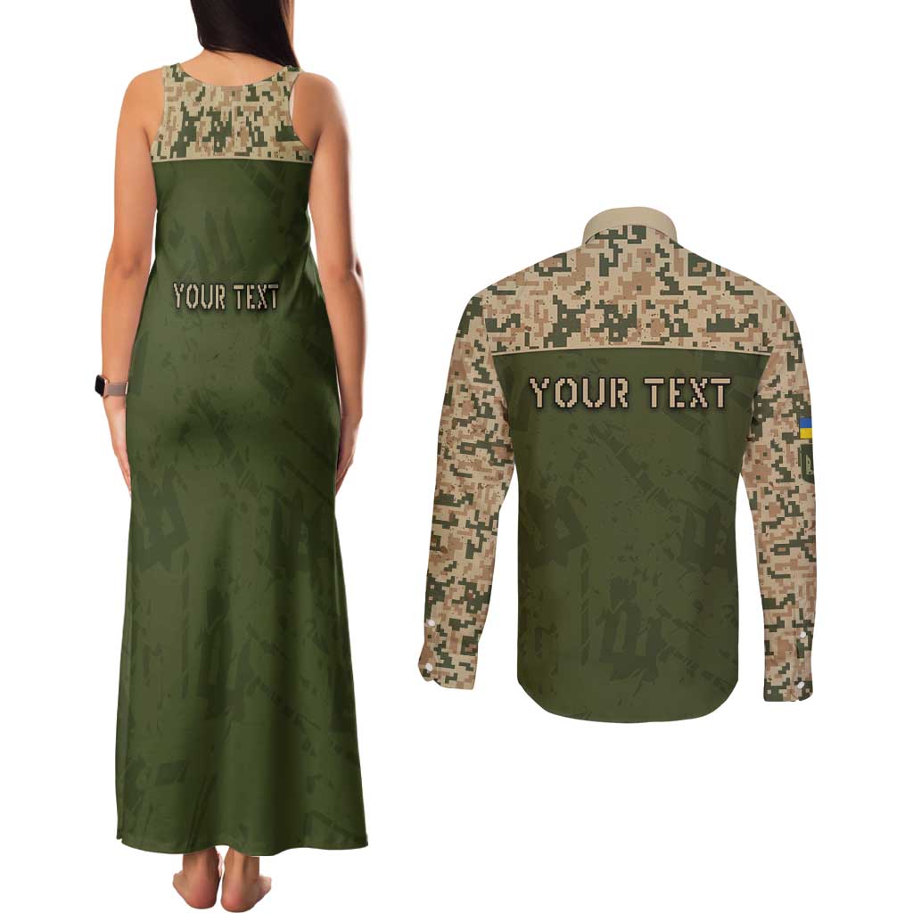 Personalized Ukraine Vyshyvanka Motif Couples Matching Tank Maxi Dress and Long Sleeve Button Shirt Ukrainian Military Style - Wonder Print Shop