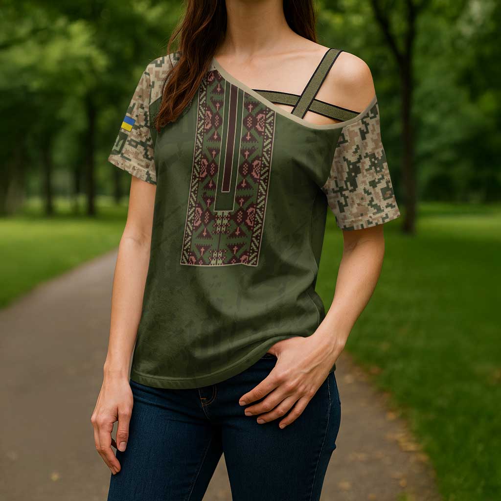 Personalized Ukraine Vyshyvanka Motif Cross Shoulder Shirt Ukrainian Military Style - Wonder Print Shop