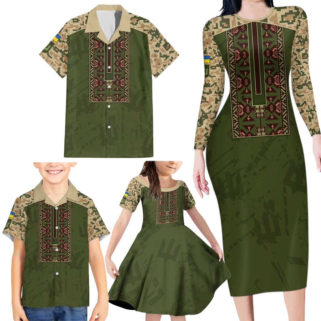 Personalized Ukraine Vyshyvanka Motif Family Matching Long Sleeve Bodycon Dress and Hawaiian Shirt Ukrainian Military Style - Wonder Print Shop