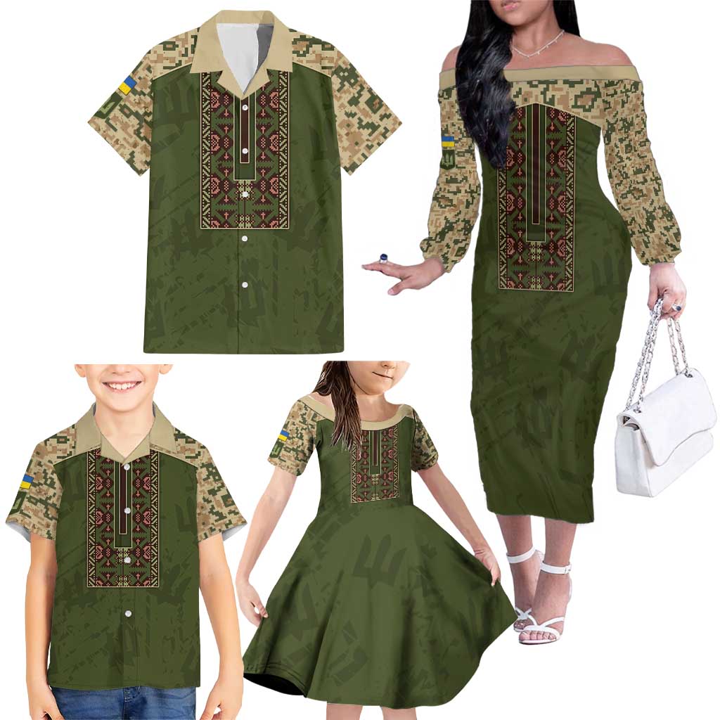 Personalized Ukraine Vyshyvanka Motif Family Matching Off The Shoulder Long Sleeve Dress and Hawaiian Shirt Ukrainian Military Style - Wonder Print Shop
