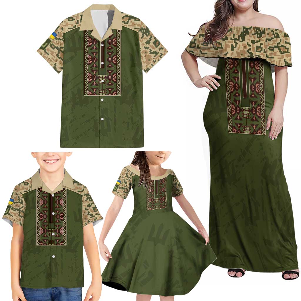 Personalized Ukraine Vyshyvanka Motif Family Matching Off Shoulder Maxi Dress and Hawaiian Shirt Ukrainian Military Style - Wonder Print Shop