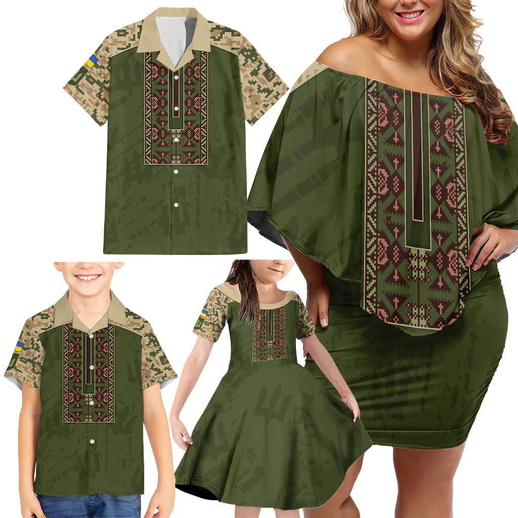 Personalized Ukraine Vyshyvanka Motif Family Matching Off Shoulder Short Dress and Hawaiian Shirt Ukrainian Military Style - Wonder Print Shop