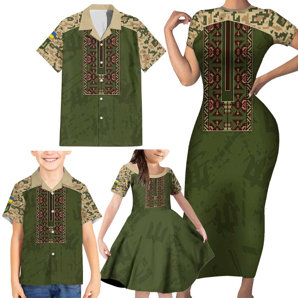 Personalized Ukraine Vyshyvanka Motif Family Matching Short Sleeve Bodycon Dress and Hawaiian Shirt Ukrainian Military Style - Wonder Print Shop