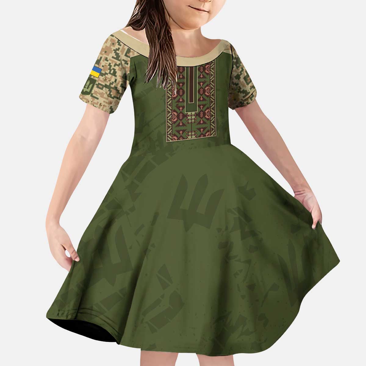 Personalized Ukraine Vyshyvanka Motif Kid Short Sleeve Dress Ukrainian Military Style - Wonder Print Shop