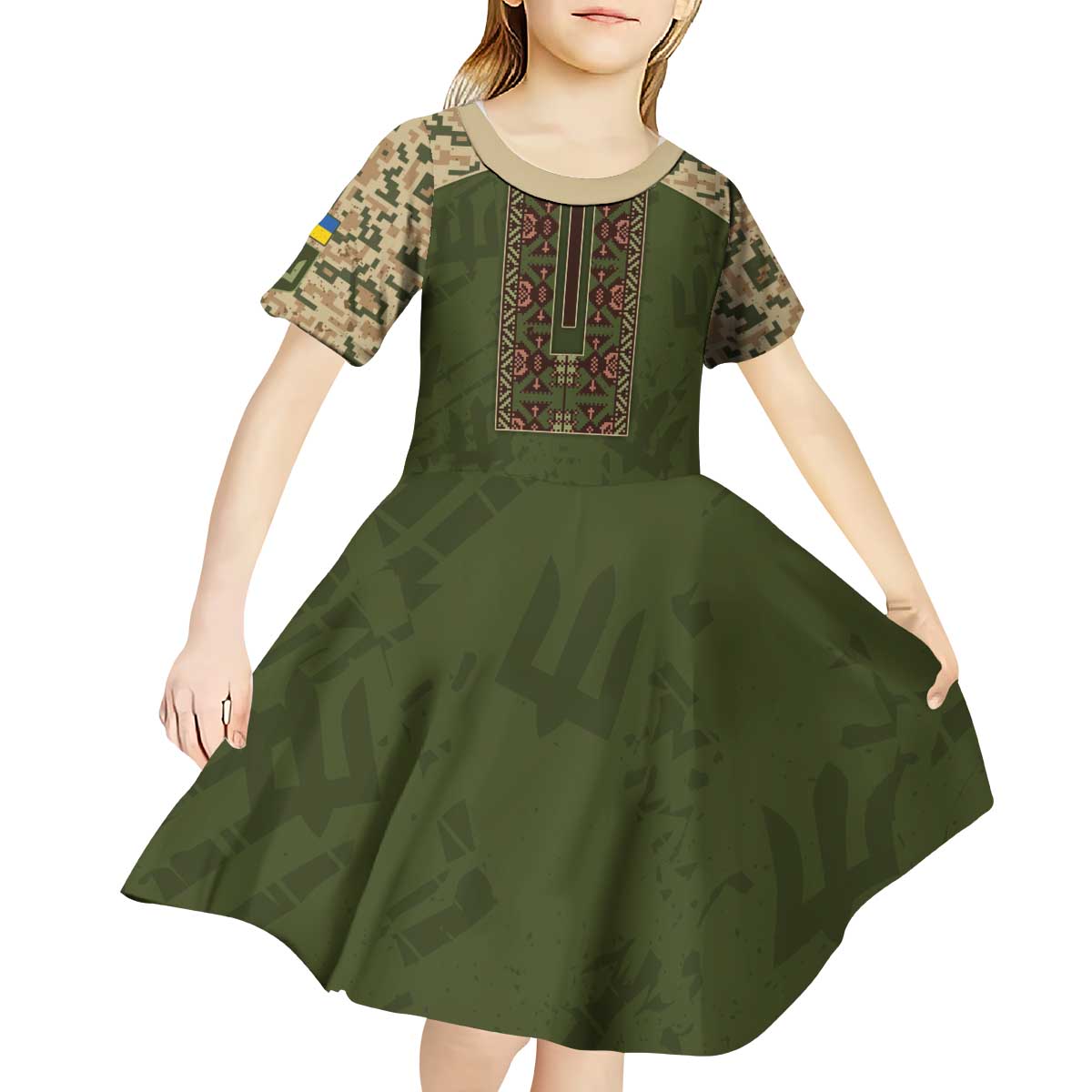 Personalized Ukraine Vyshyvanka Motif Kid Short Sleeve Dress Ukrainian Military Style - Wonder Print Shop