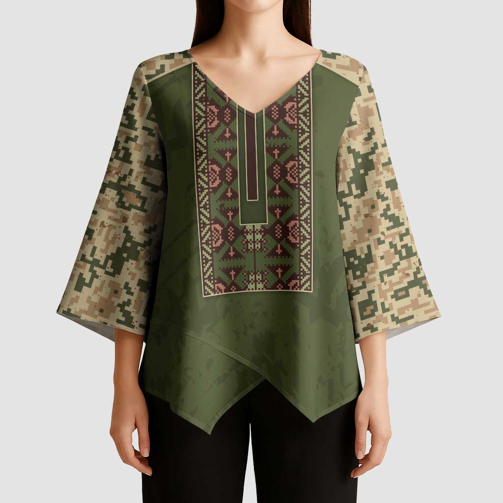 Personalized Ukraine Vyshyvanka Motif Kimono Sleeve Blouse Ukrainian Military Style - Wonder Print Shop