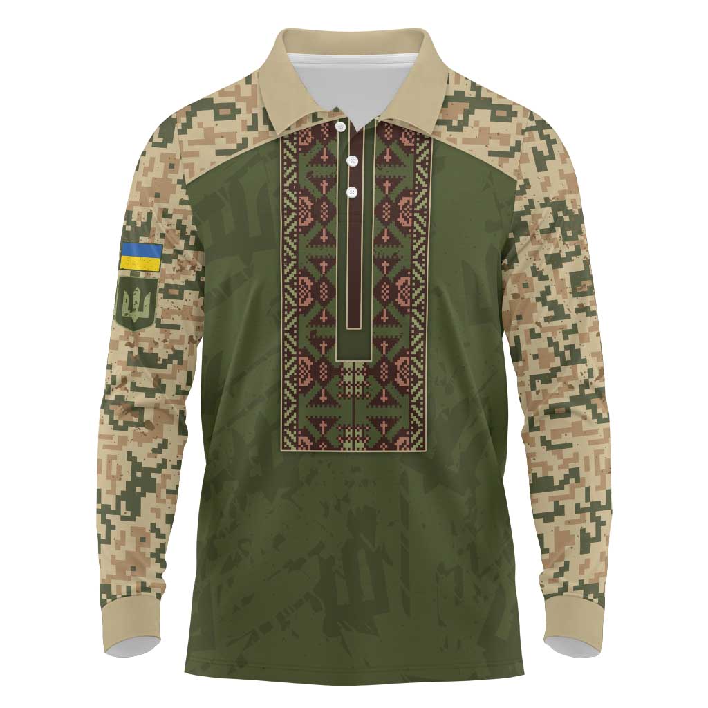 Personalized Ukraine Vyshyvanka Motif Long Sleeve Polo Shirt Ukrainian Military Style - Wonder Print Shop