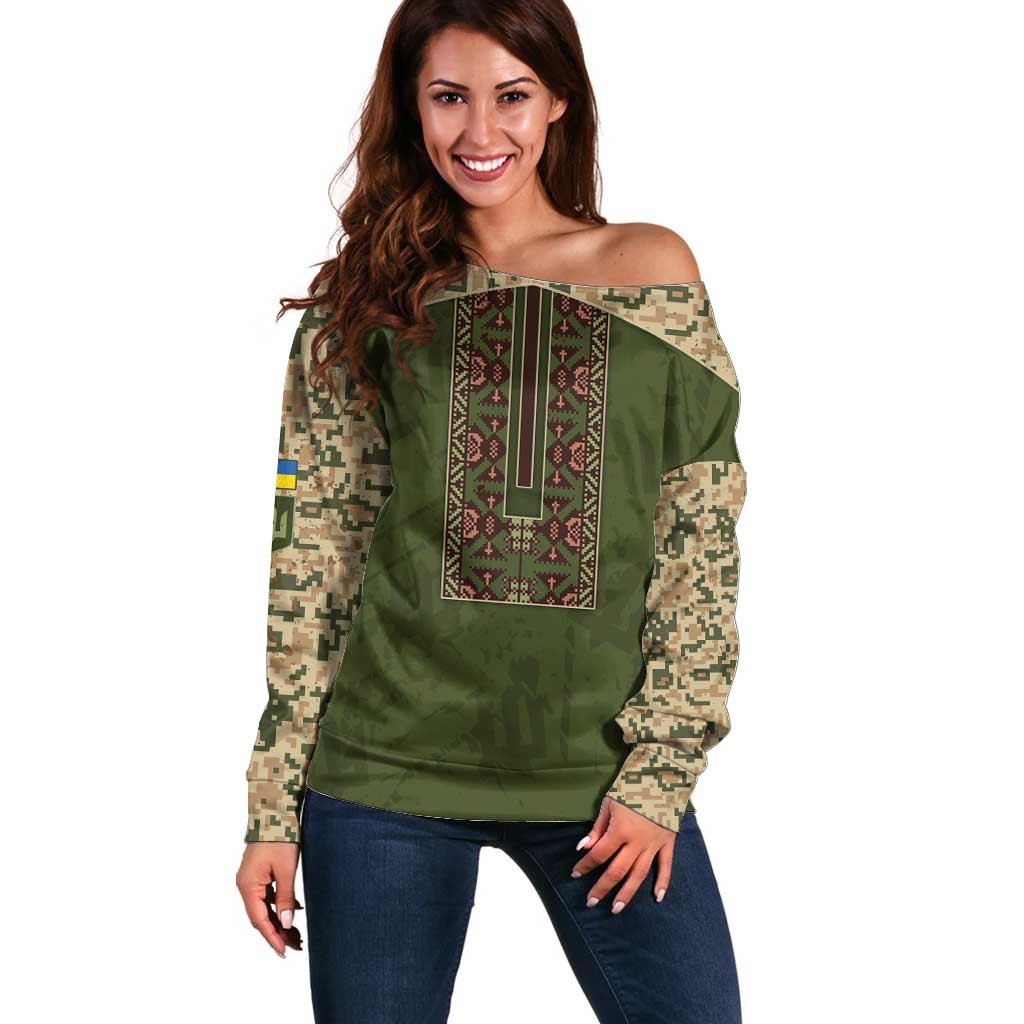 Personalized Ukraine Vyshyvanka Motif Off Shoulder Sweater Ukrainian Military Style - Wonder Print Shop
