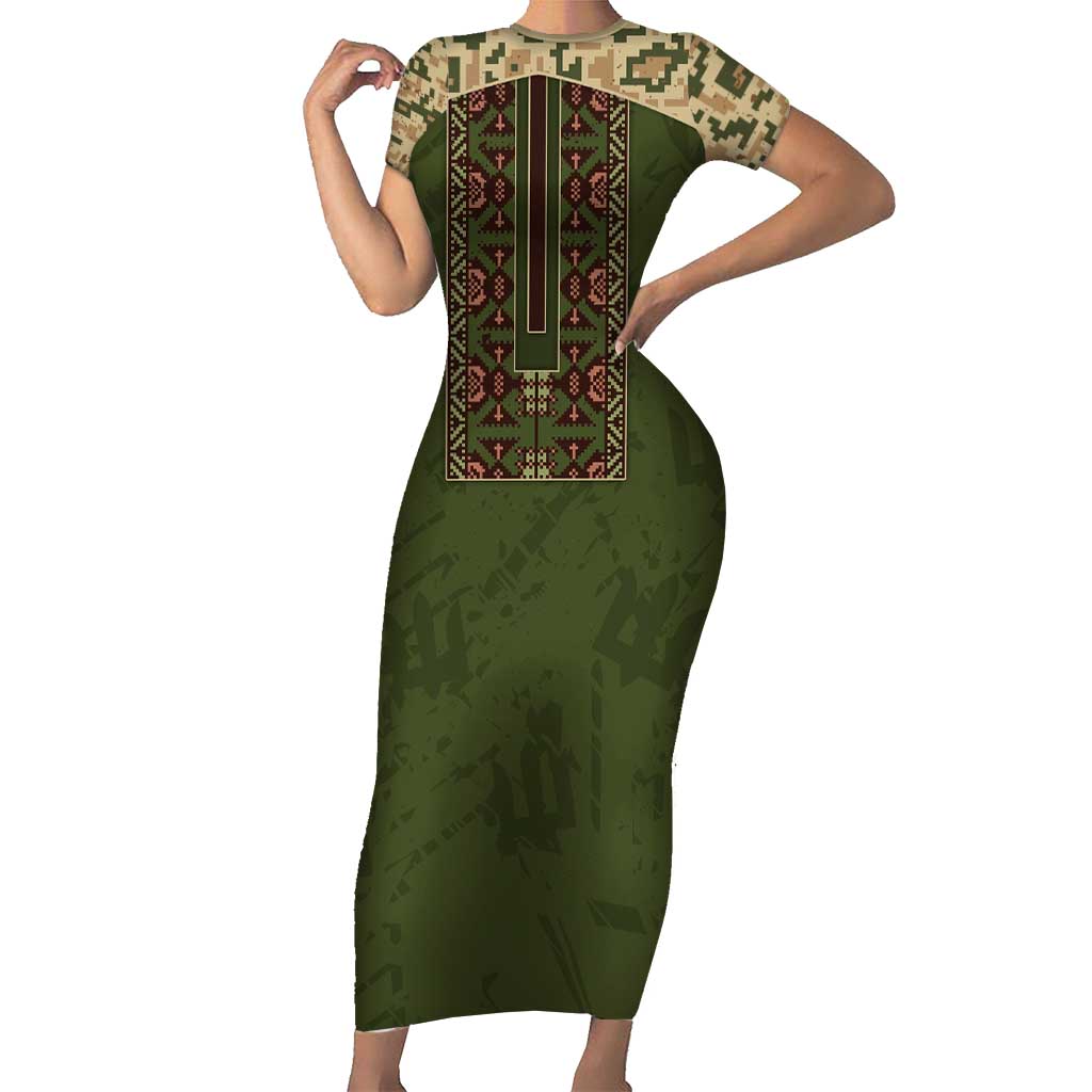 Personalized Ukraine Vyshyvanka Motif Short Sleeve Bodycon Dress Ukrainian Military Style - Wonder Print Shop