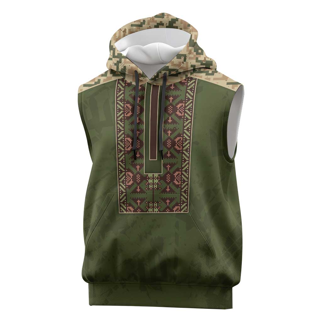 Personalized Ukraine Vyshyvanka Motif Sleeveless Hoodie Ukrainian Military Style - Wonder Print Shop