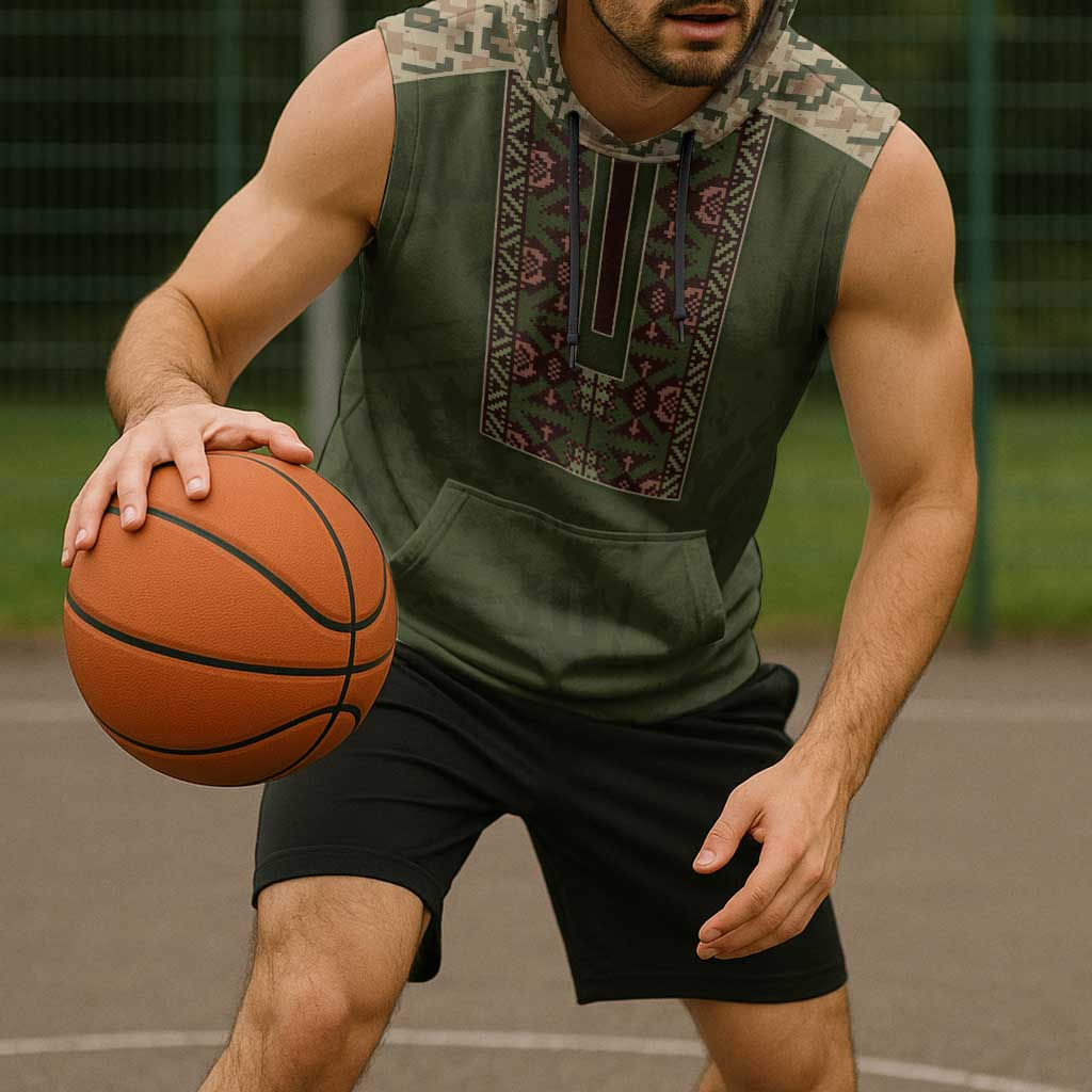 Personalized Ukraine Vyshyvanka Motif Sleeveless Hoodie Ukrainian Military Style - Wonder Print Shop