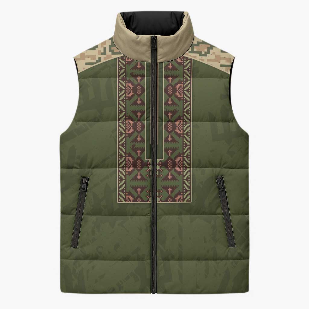 Personalized Ukraine Vyshyvanka Motif Sleeveless Puffer Jacket Ukrainian Military Style - Wonder Print Shop