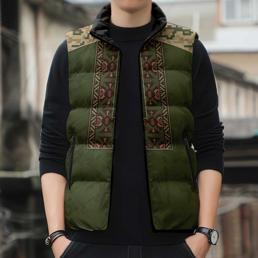 Personalized Ukraine Vyshyvanka Motif Sleeveless Puffer Jacket Ukrainian Military Style - Wonder Print Shop
