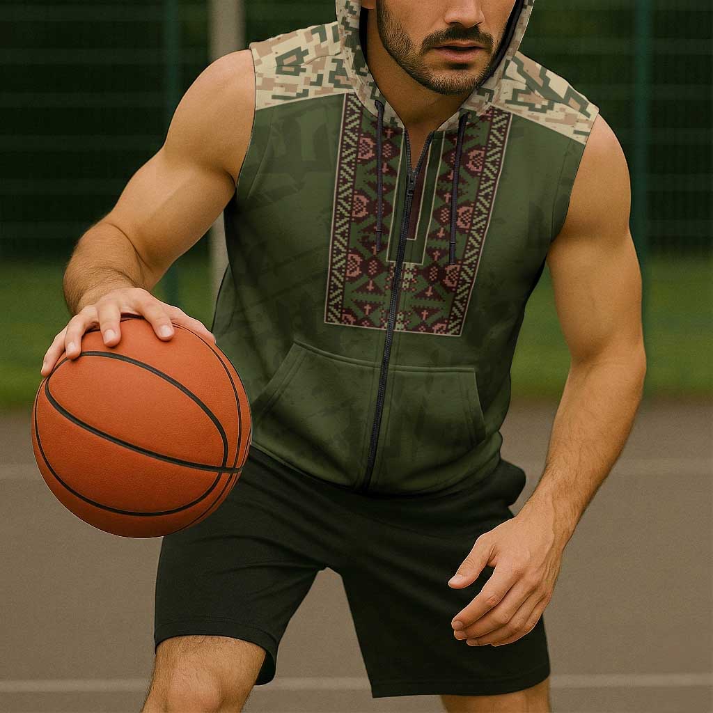 Personalized Ukraine Vyshyvanka Motif Sleeveless Zip Hoodie Ukrainian Military Style - Wonder Print Shop