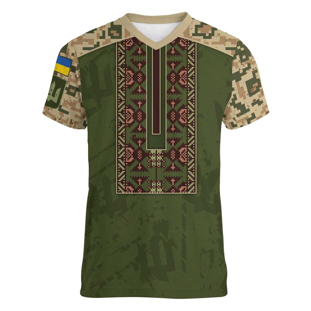 Personalized Ukraine Vyshyvanka Motif Women V-Neck T-Shirt Ukrainian Military Style - Wonder Print Shop