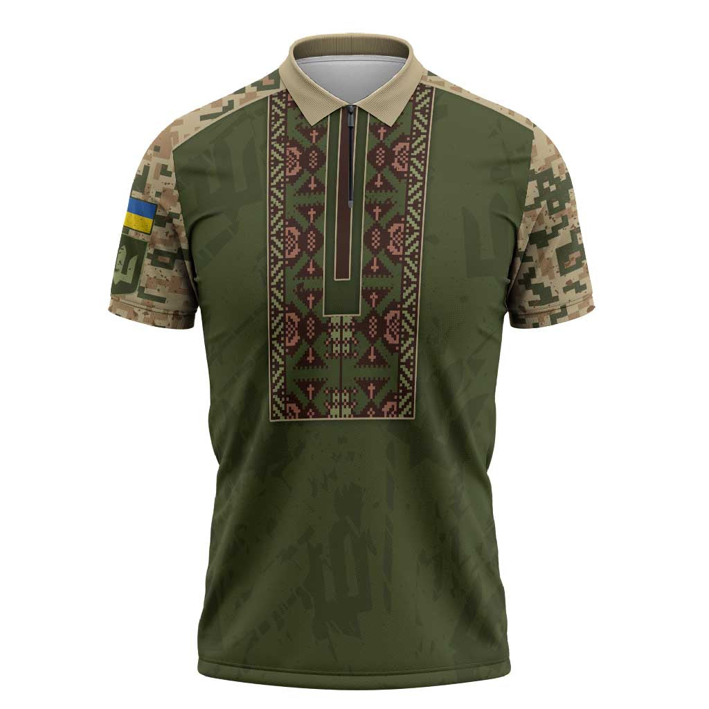 Personalized Ukraine Vyshyvanka Motif Zipper Polo Shirt Ukrainian Military Style - Wonder Print Shop