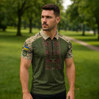 Personalized Ukraine Vyshyvanka Motif Zipper Polo Shirt Ukrainian Military Style - Wonder Print Shop