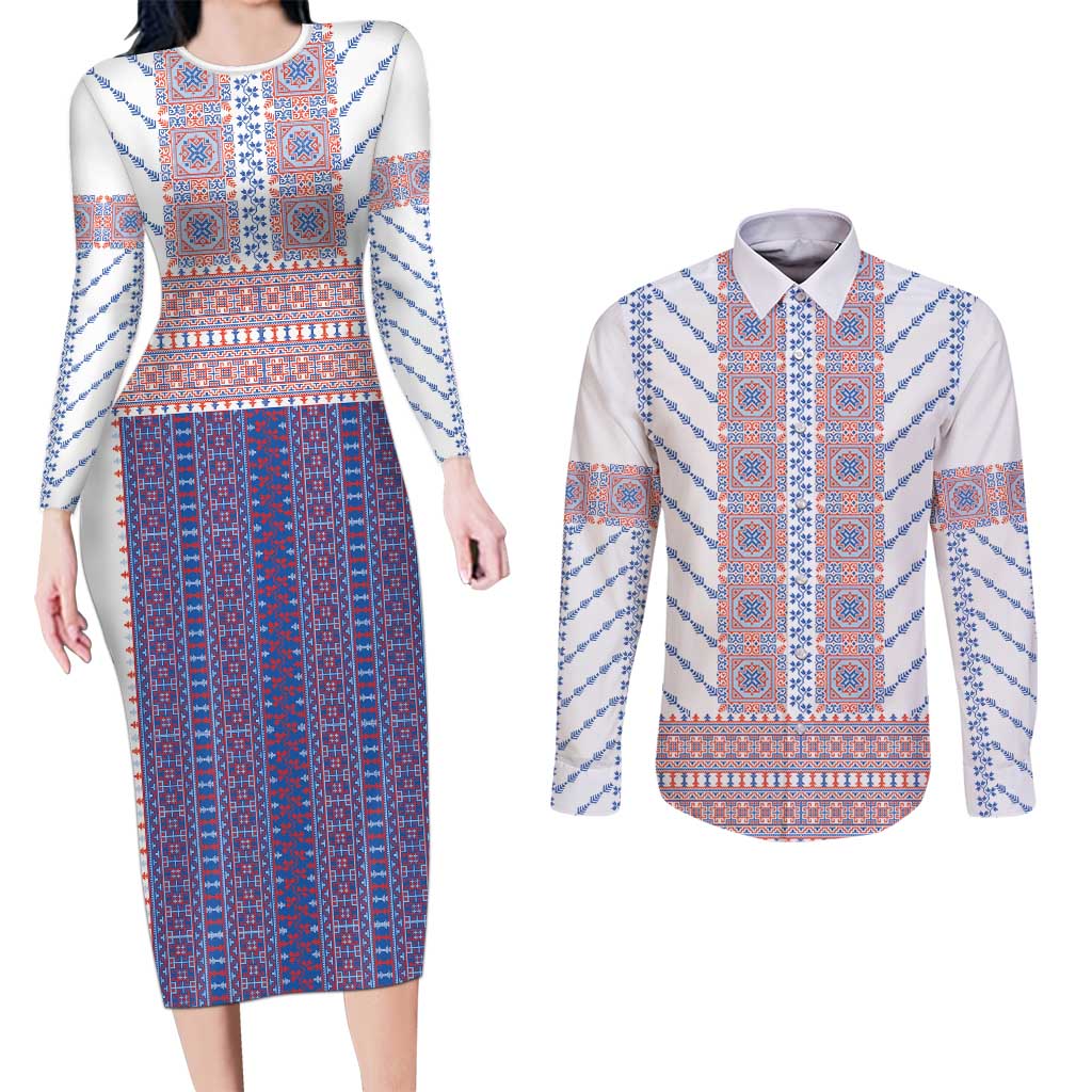 Traditional Romanian Costume Couples Matching Long Sleeve Bodycon Dress and Long Sleeve Button Shirt National Folk Patterns - Wonder Print Shop